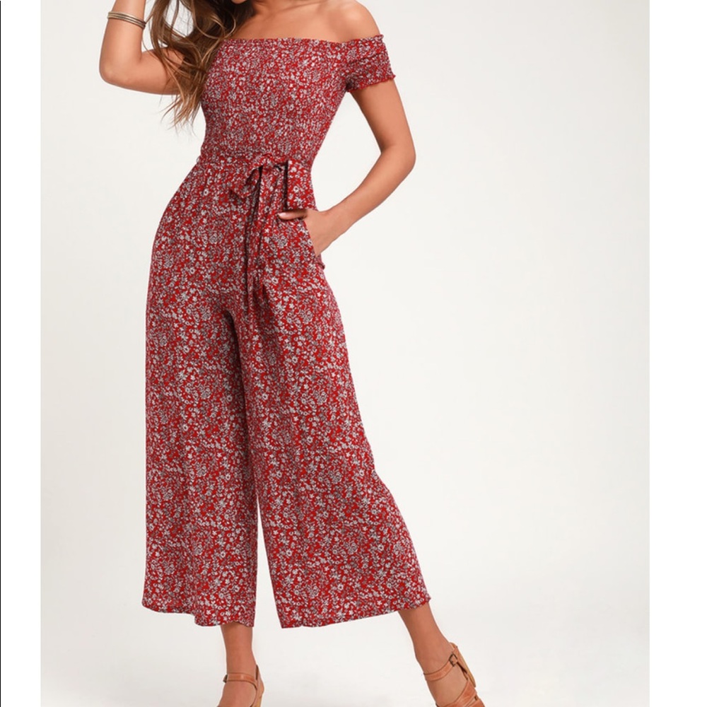 Lulu's Red Floral Off-Shoulder Jumpsuit